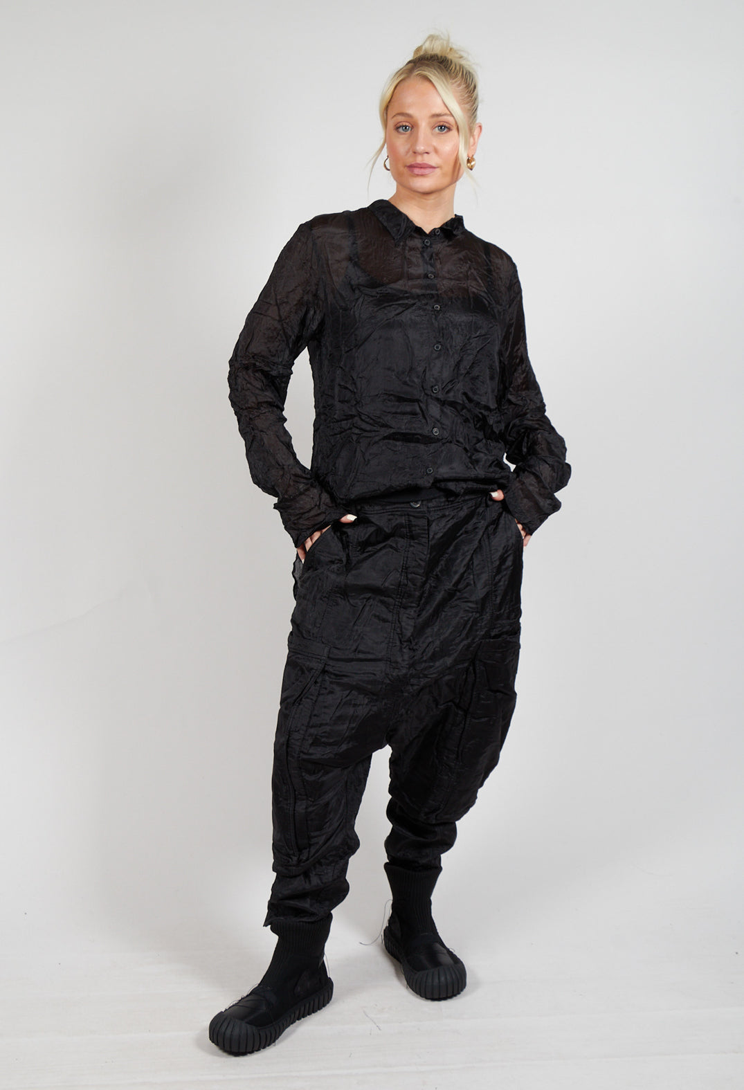Silk Straight Leg Drop Crotch Trousers in Black
