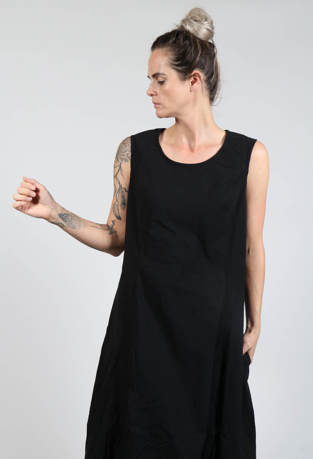 Sleeveless Dress with Gathered Hem in Black
