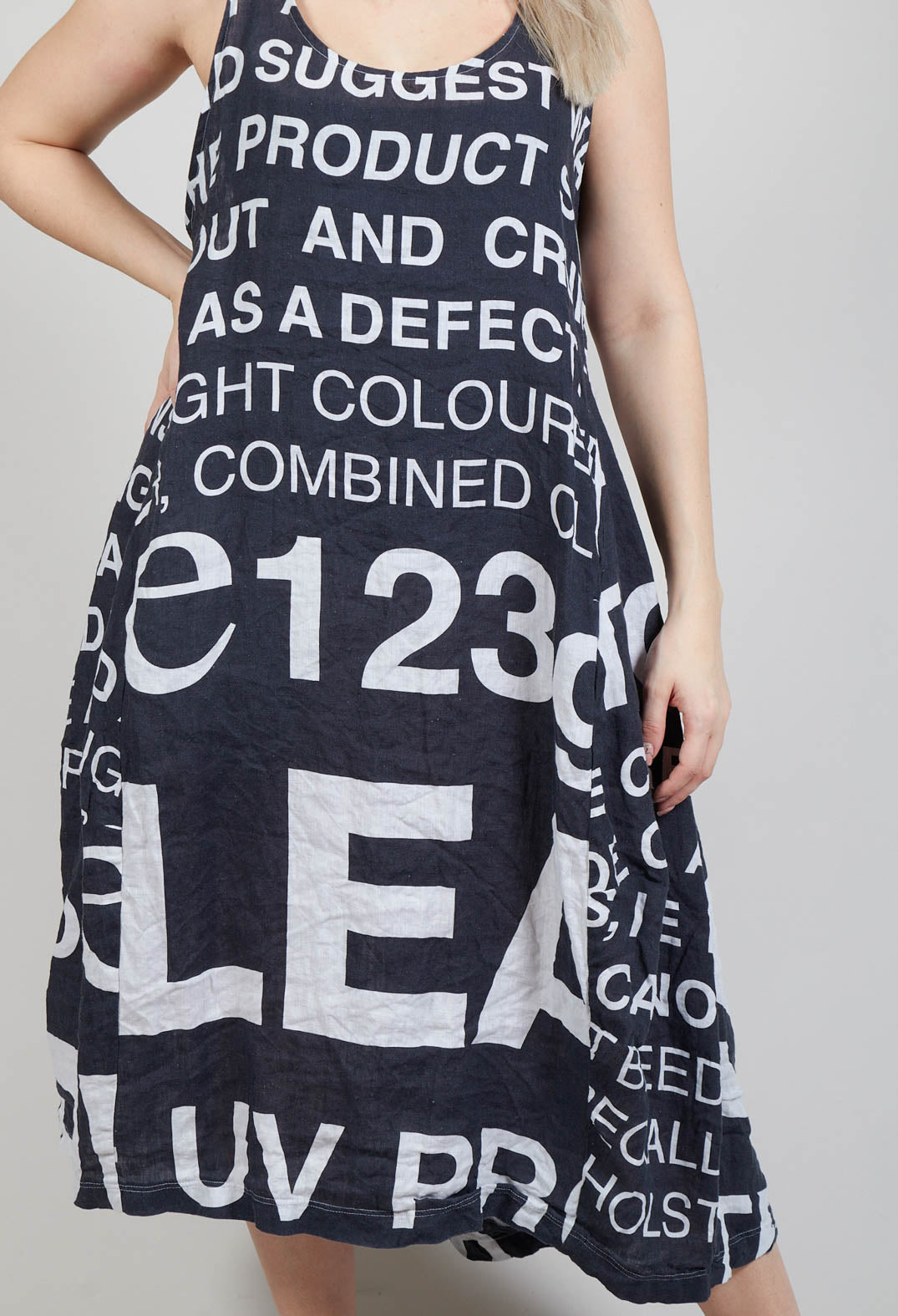 Sleeveless Linen Dress with Large Lettering in Black Print