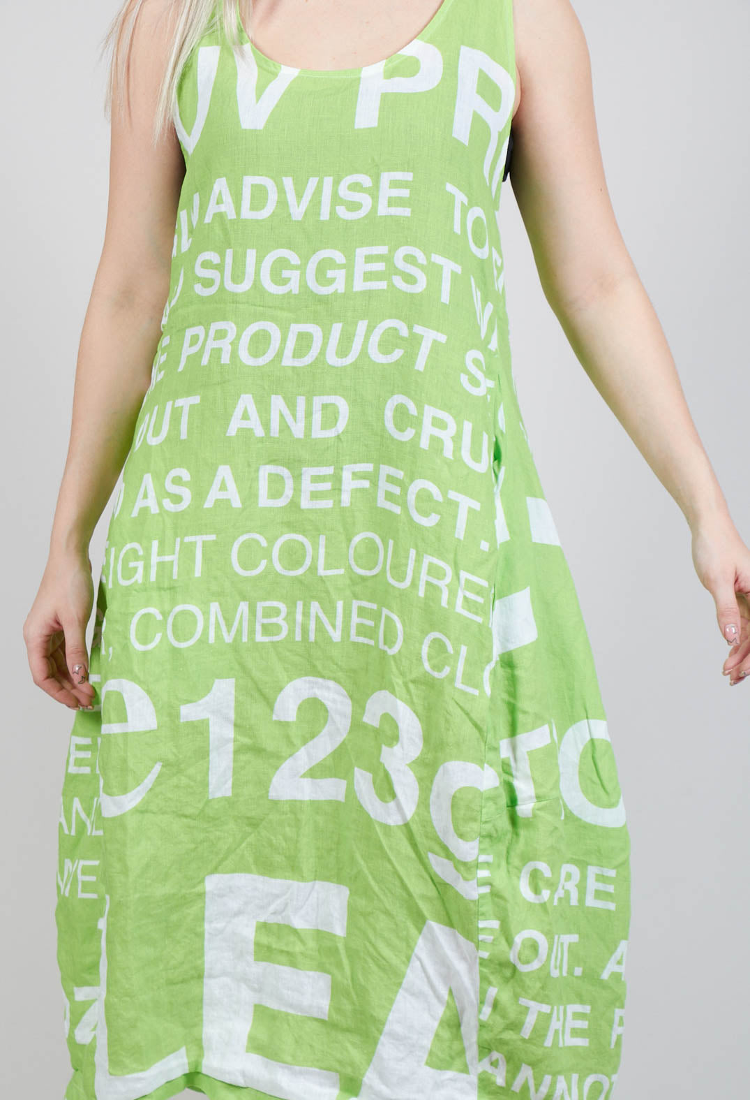 Sleeveless Linen Dress with Large Lettering in Lime Print