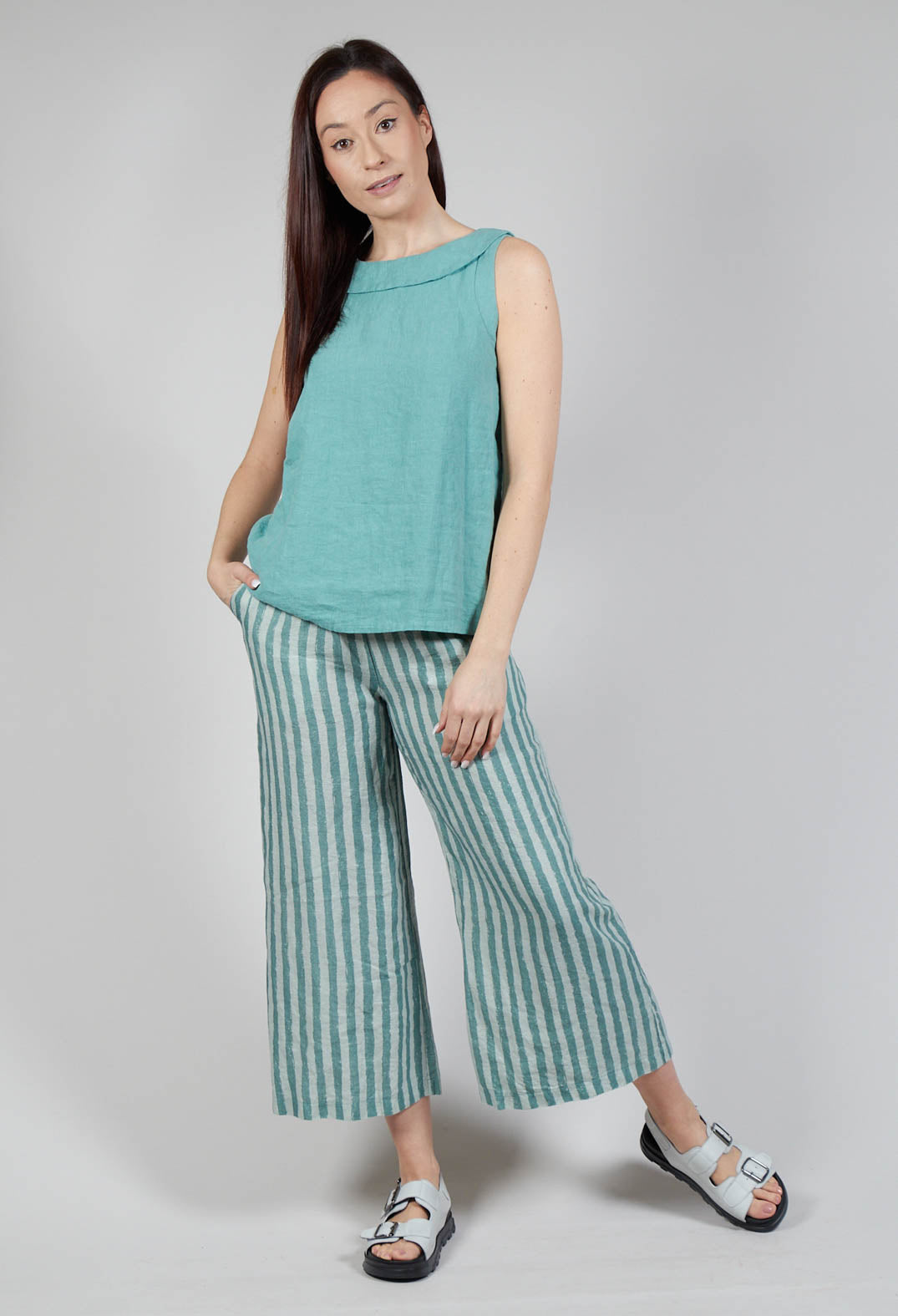 Stitch Detail Linen Vest Top in Teal