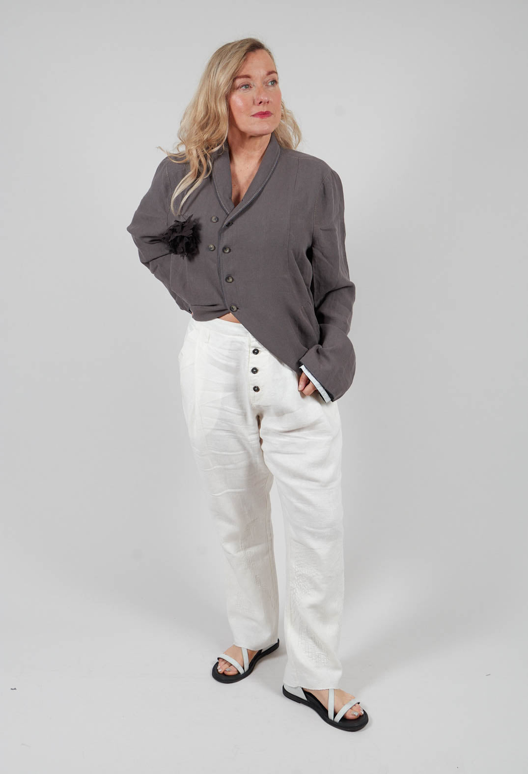 Straight Leg Stitch Detailed Pants in Silver Gray