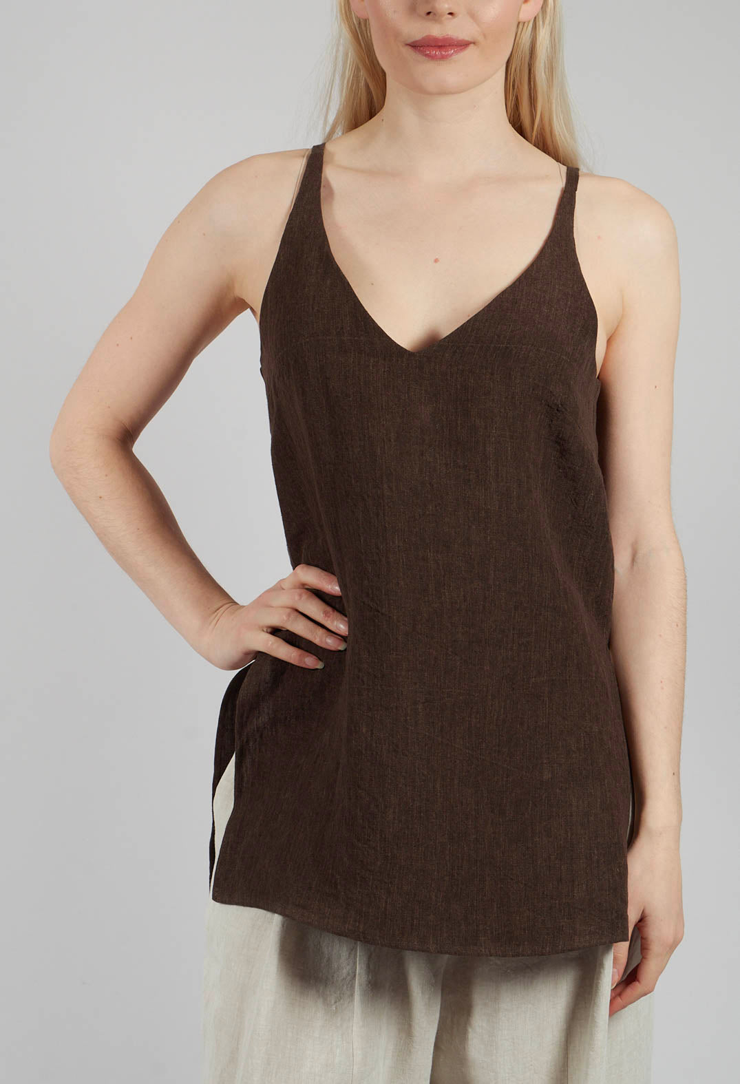 Strappy Linen Vest Top in Cioccolato