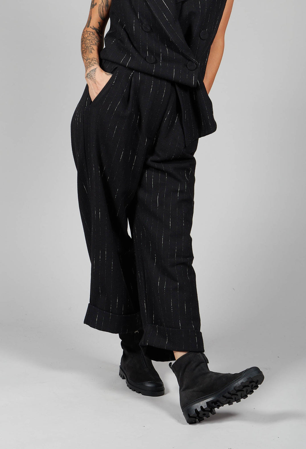 Striped Pleated Slacks in Black