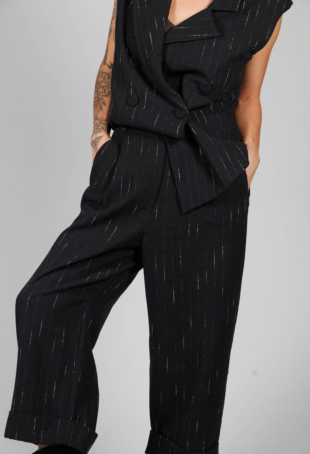 Striped Pleated Slacks in Black