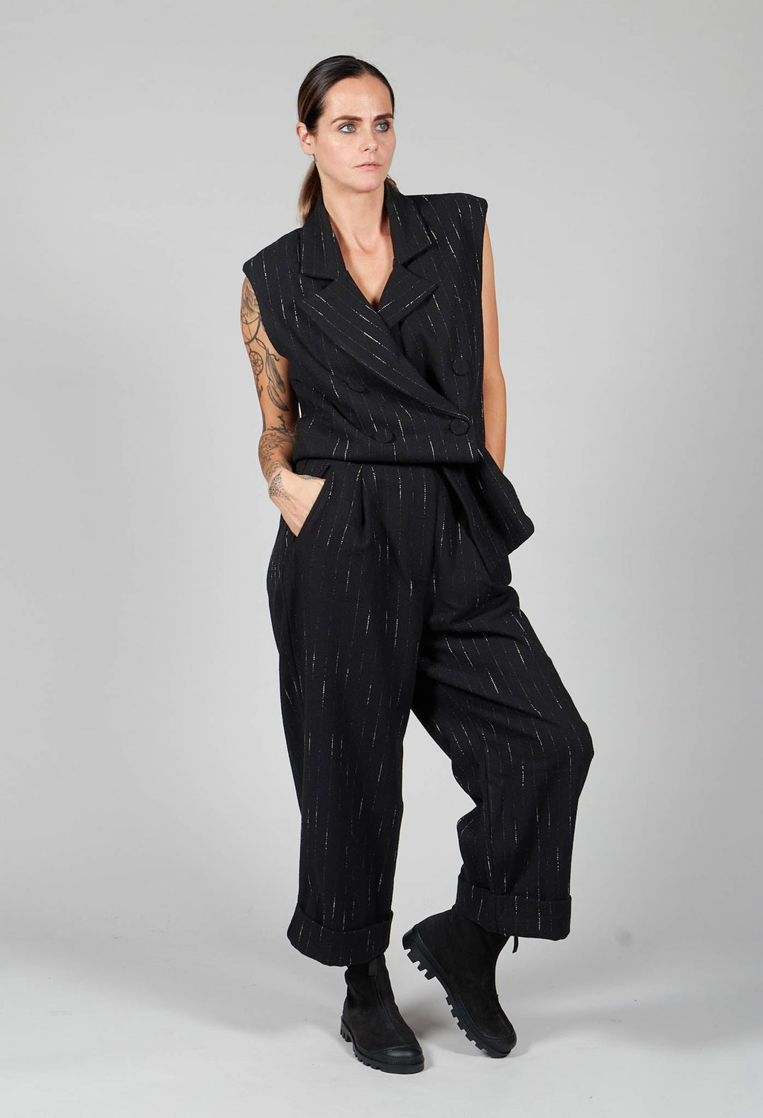 Striped Pleated Slacks in Black