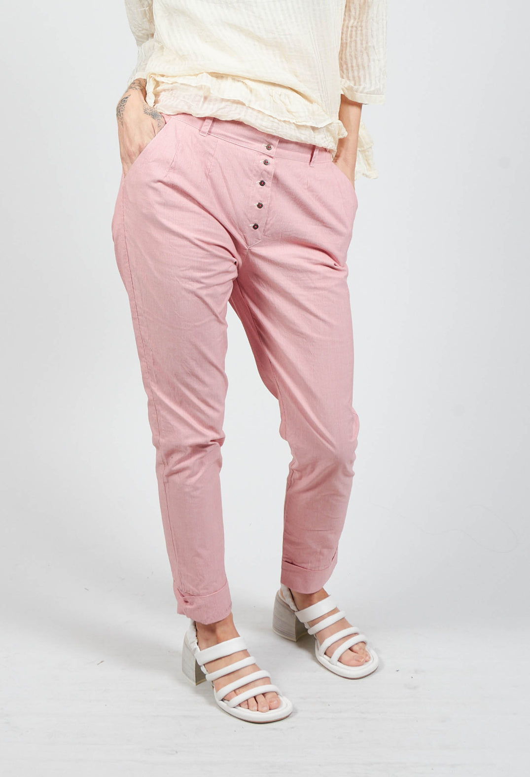 Straight Leg Trousers with Fine Red Stripe in Unique