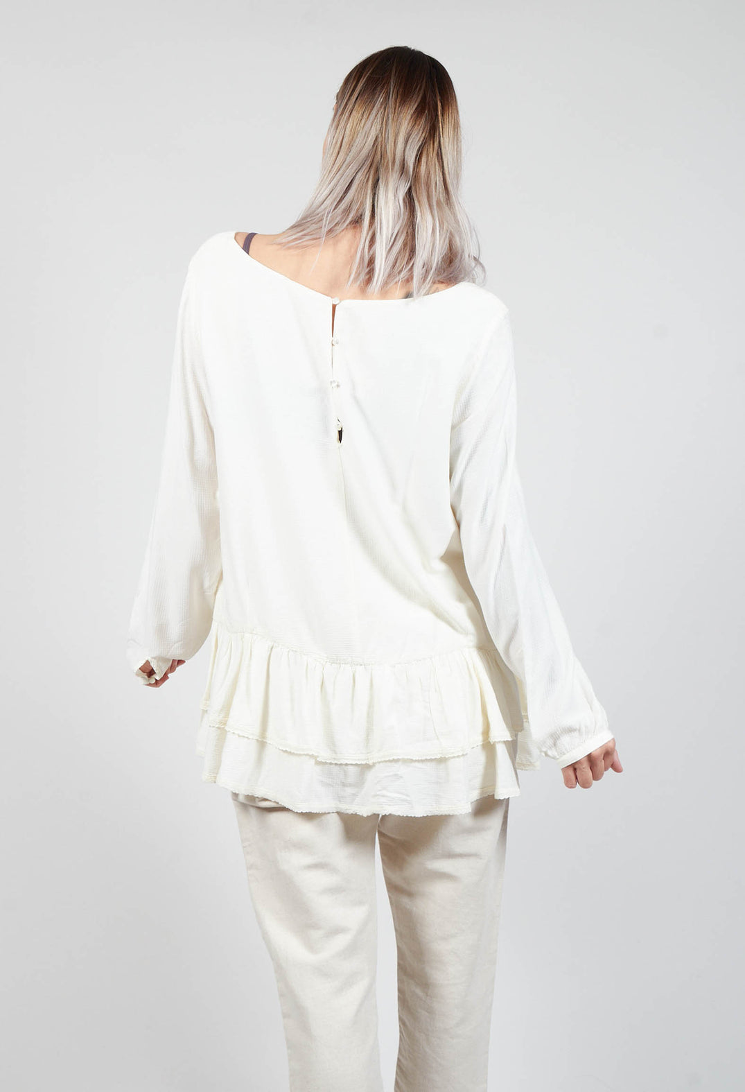 Loose Blouse with Lace Layers at Hem in Ecru