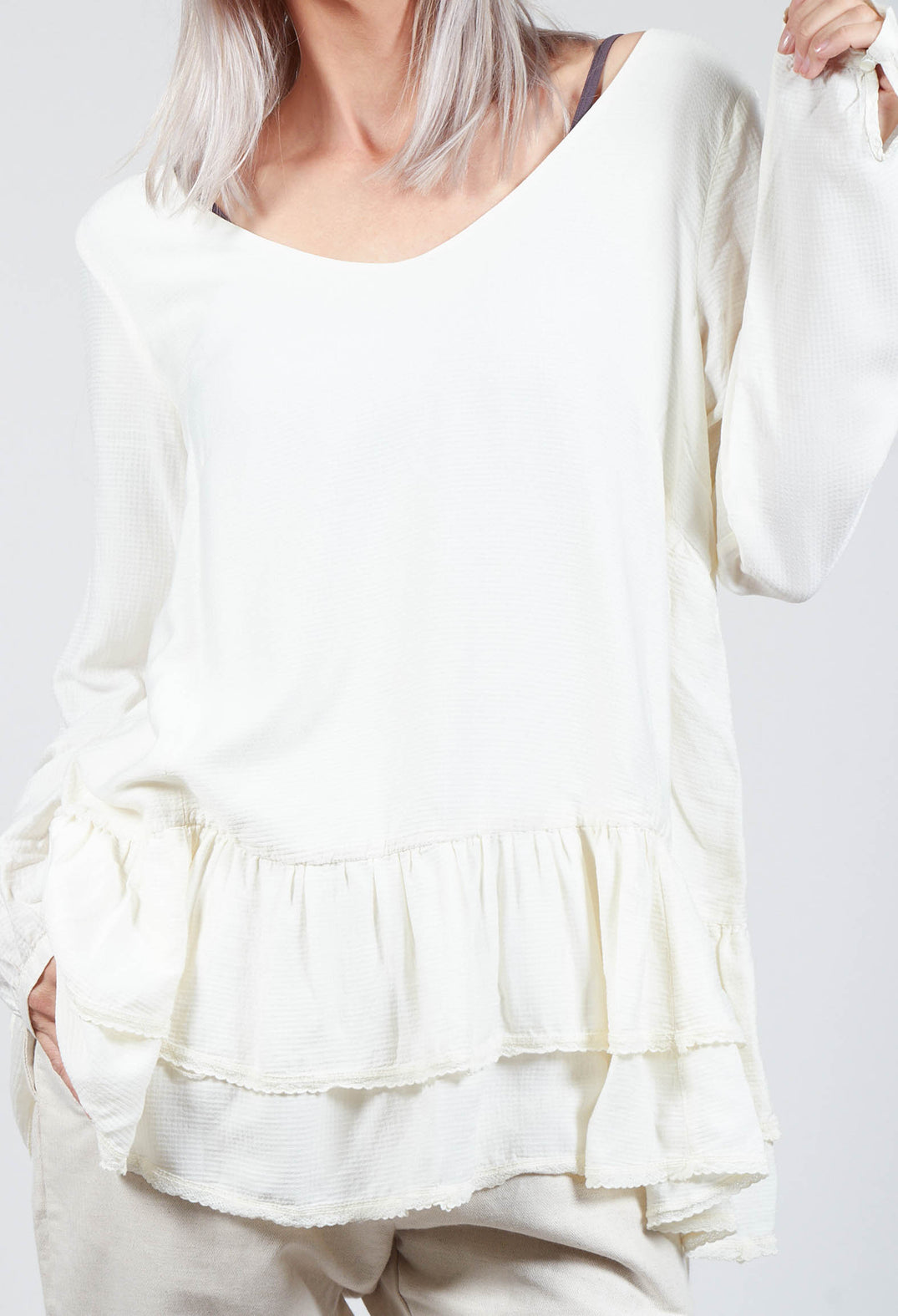 Loose Blouse with Lace Layers at Hem in Ecru