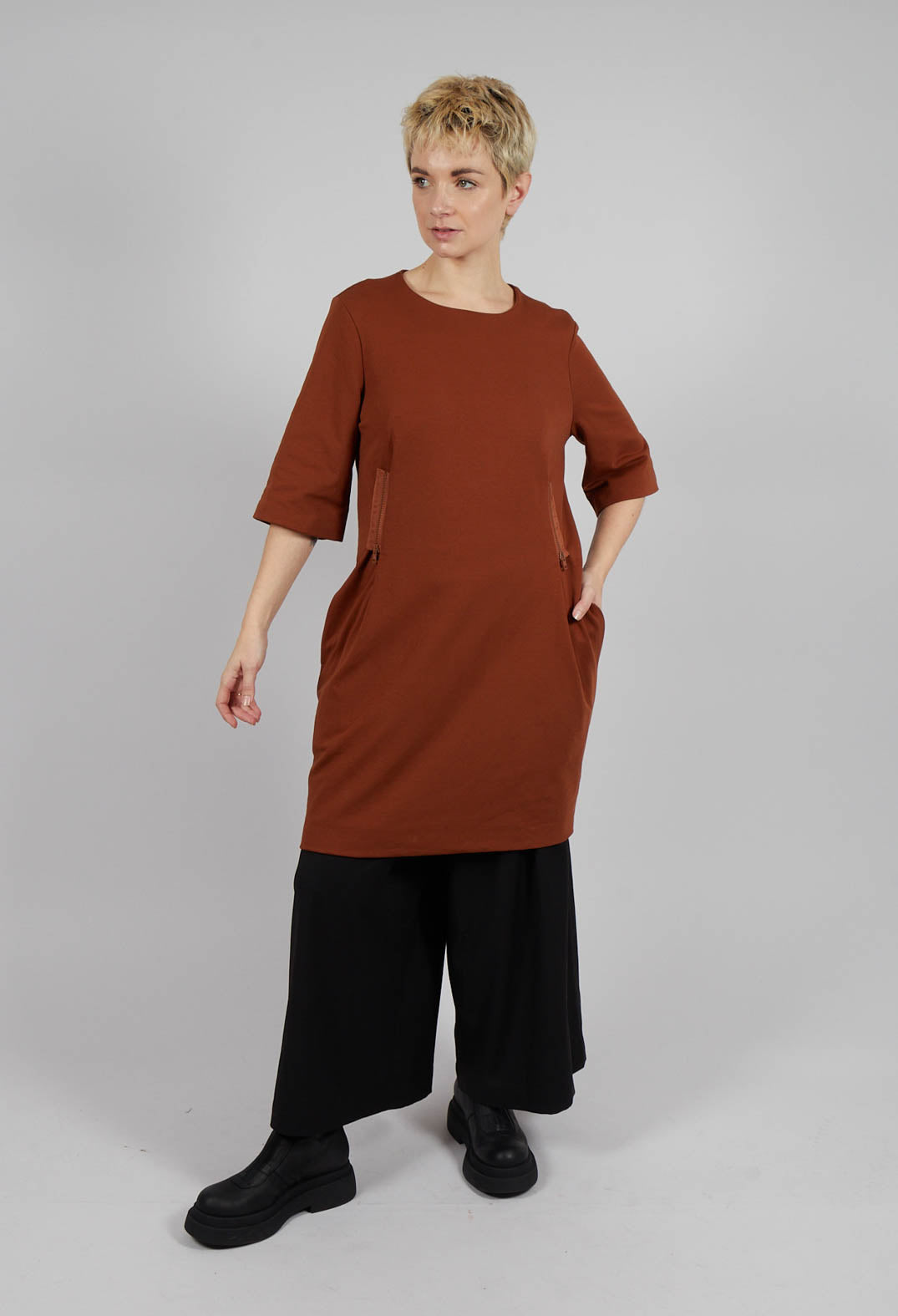 Short Sleeve Zip Style Dress in Burnt Orange