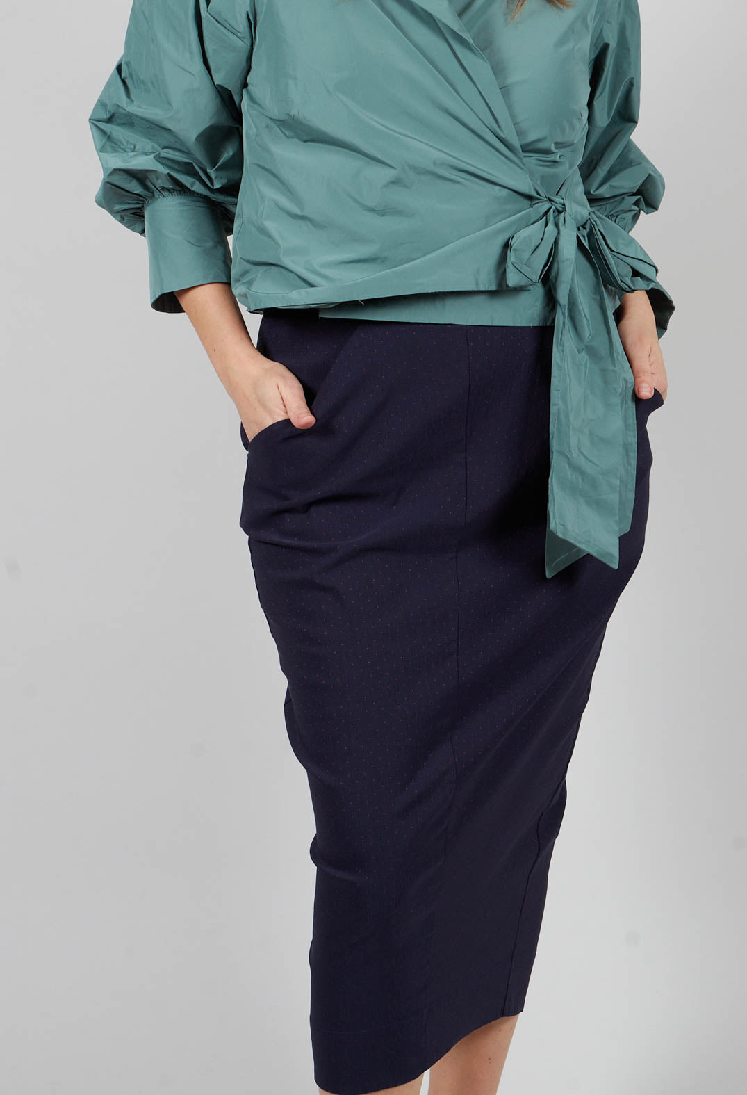 Stretch Polka Dot Skirt with Pocket in Blue