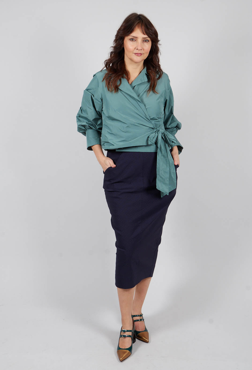 Stretch Polka Dot Skirt with Pocket in Blue