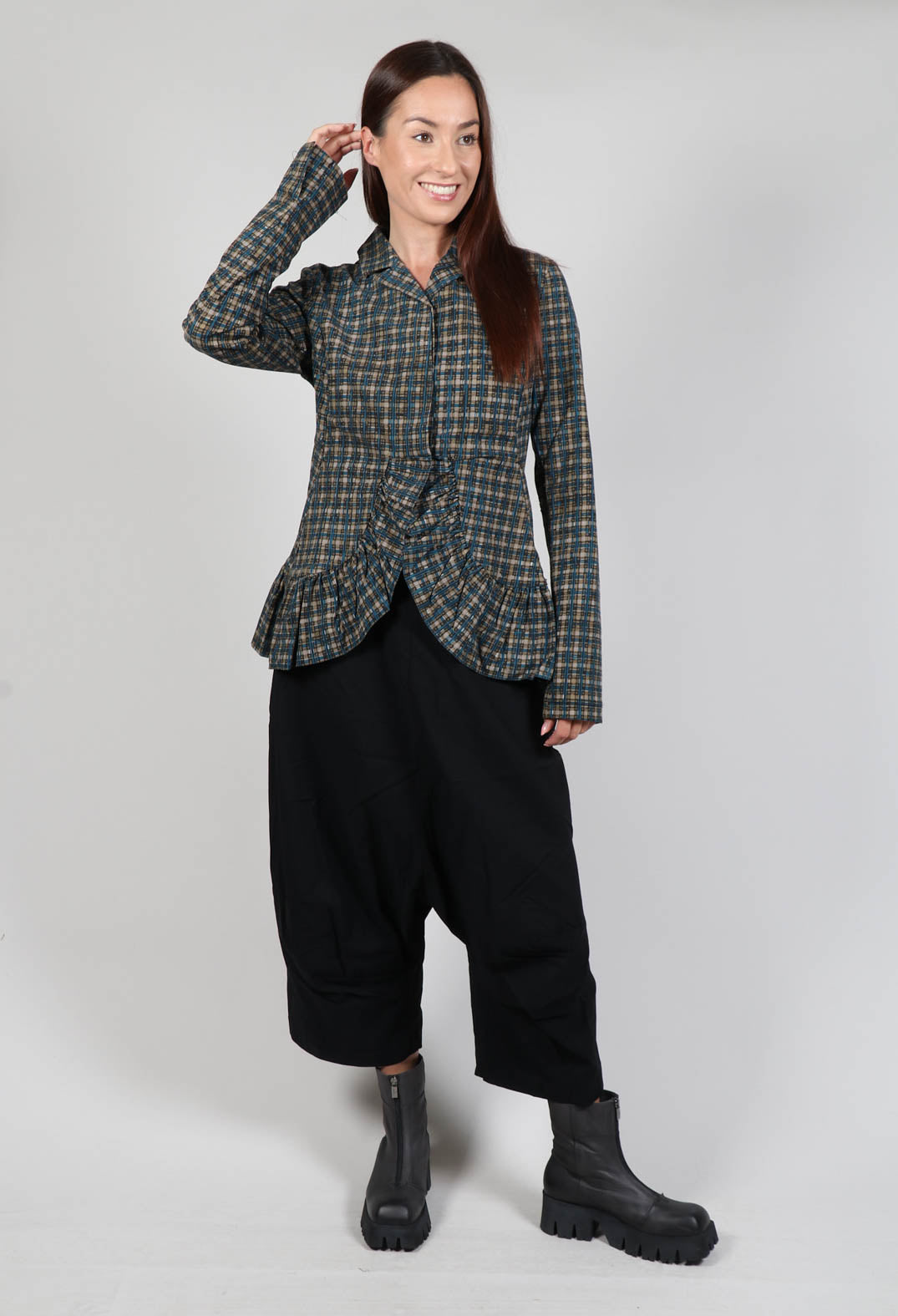 Tailored Jacket with Peplum Hem in Ink Check