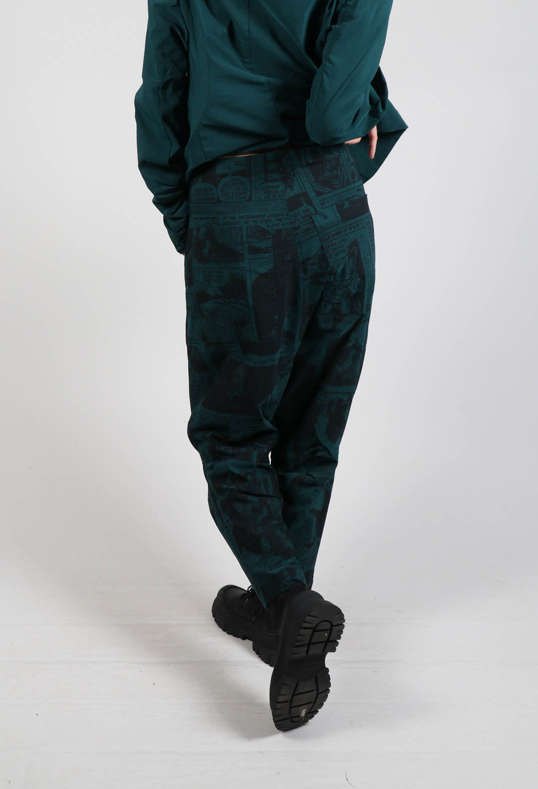 Tapered Fit Drop Crotch Trousers in Forest Comic