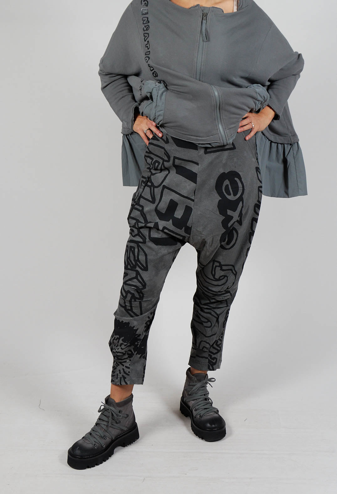 Tapered Leg Drop Crotch Trousers in Rock Big Print