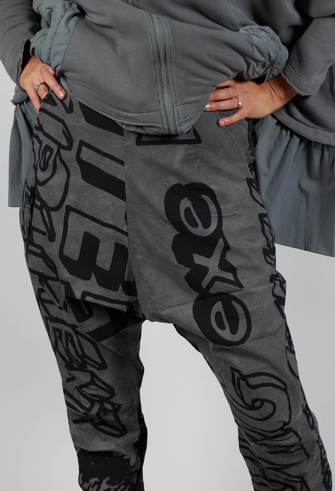 Tapered Leg Drop Crotch Trousers in Rock Big Print
