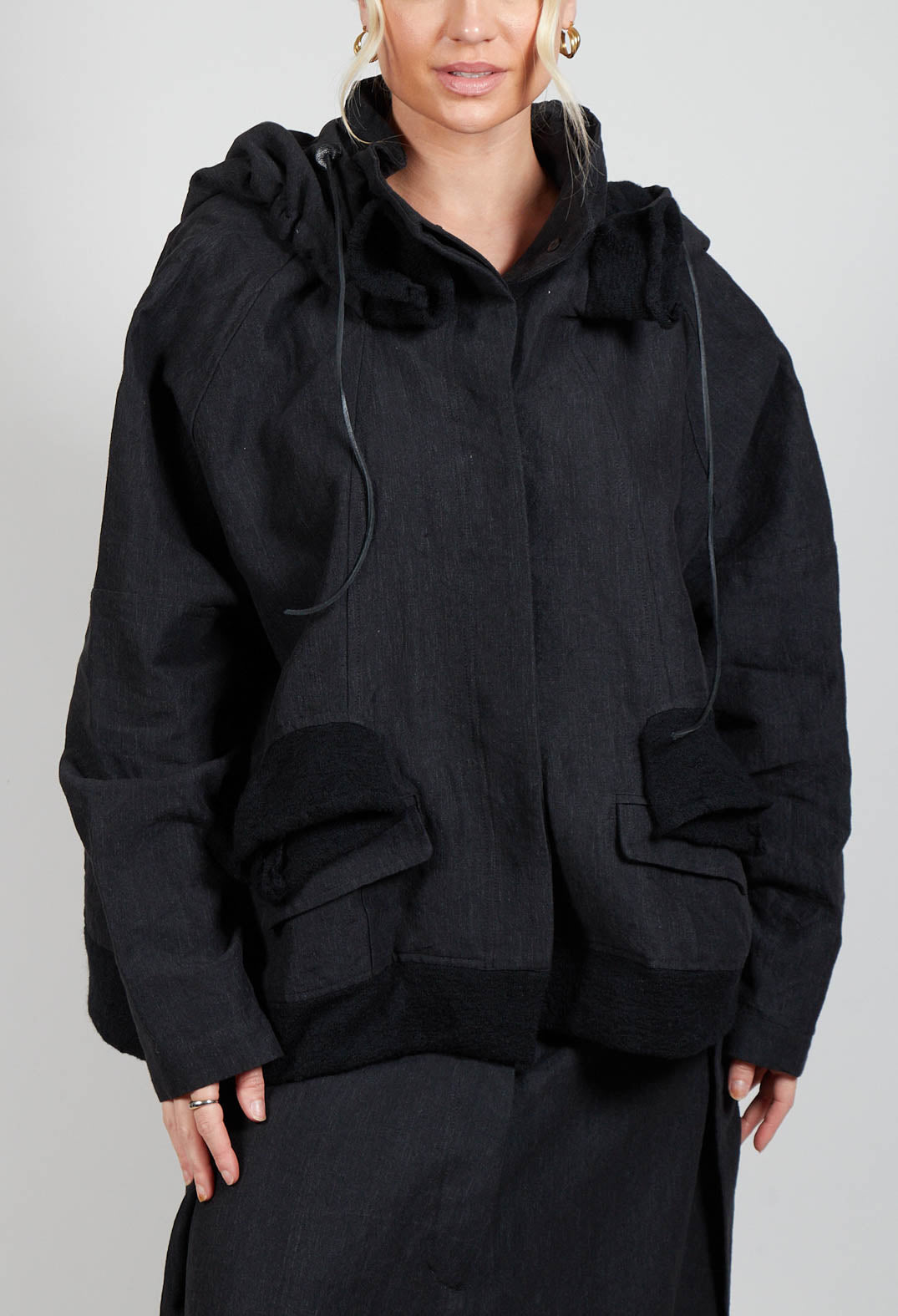 Textured High Neckline Jacket in Black Mel