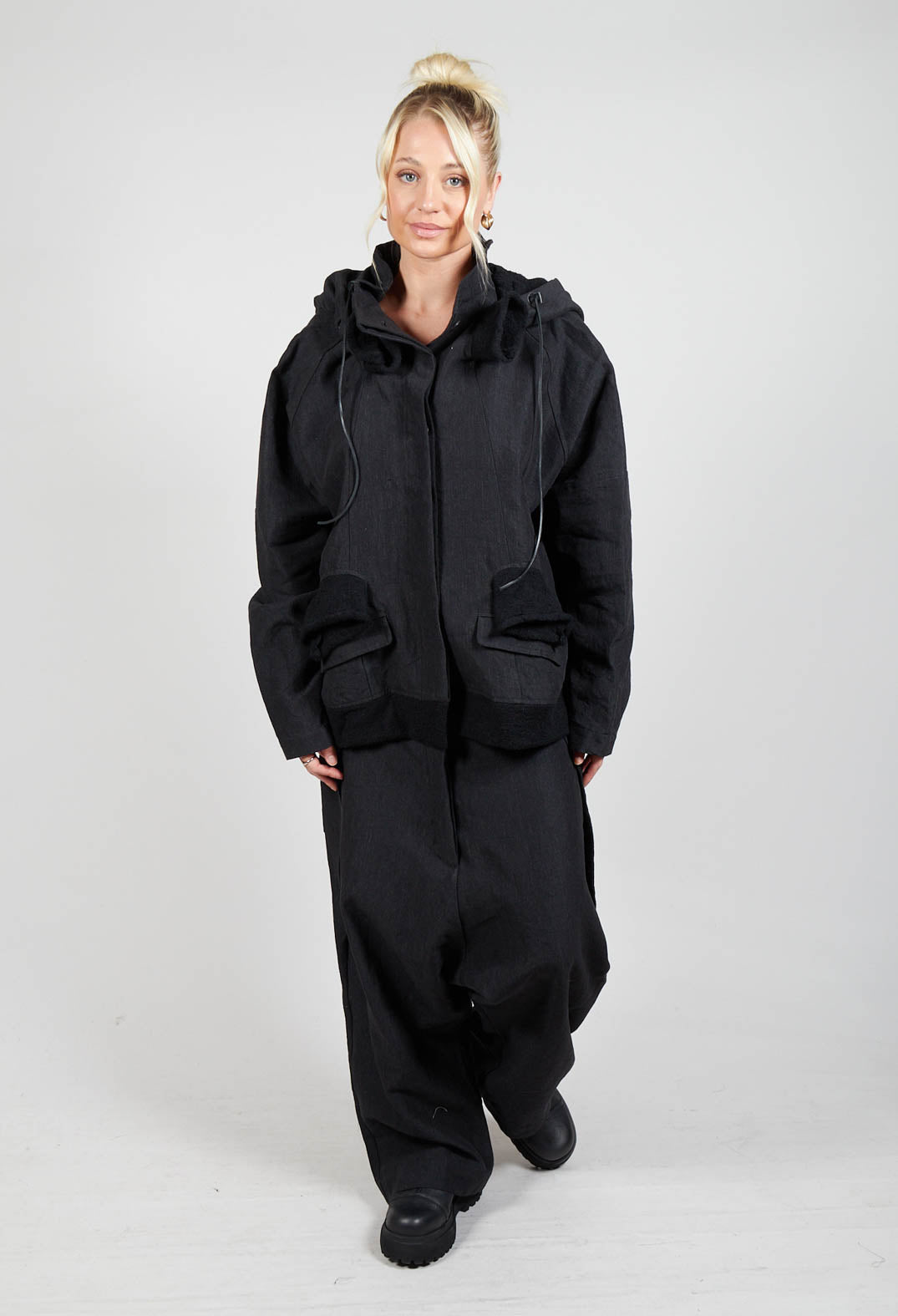 Textured High Neckline Jacket in Black Mel