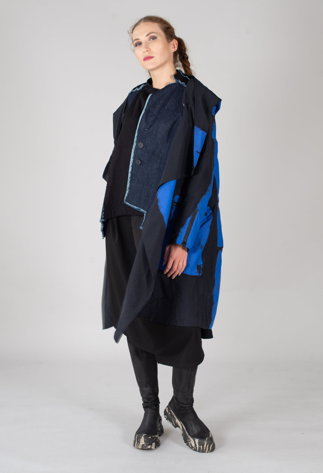 Hooded A-Line Coat in Blue Print