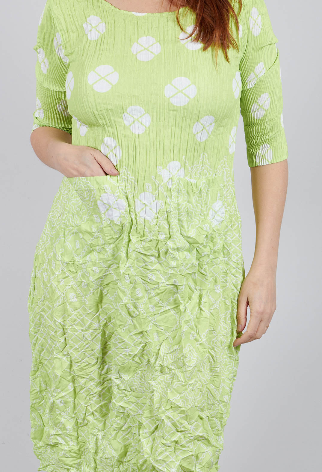 Three Quarter Sleeve Smash Dress in Lime Geo Clover