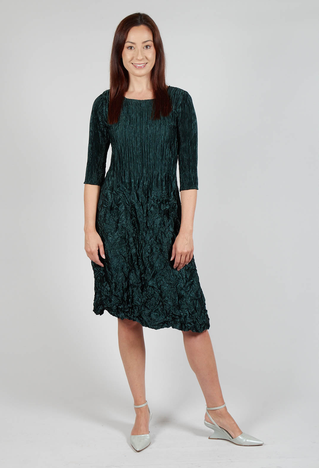 Three Quarter Sleeve Smash Dress in Metallic Forest