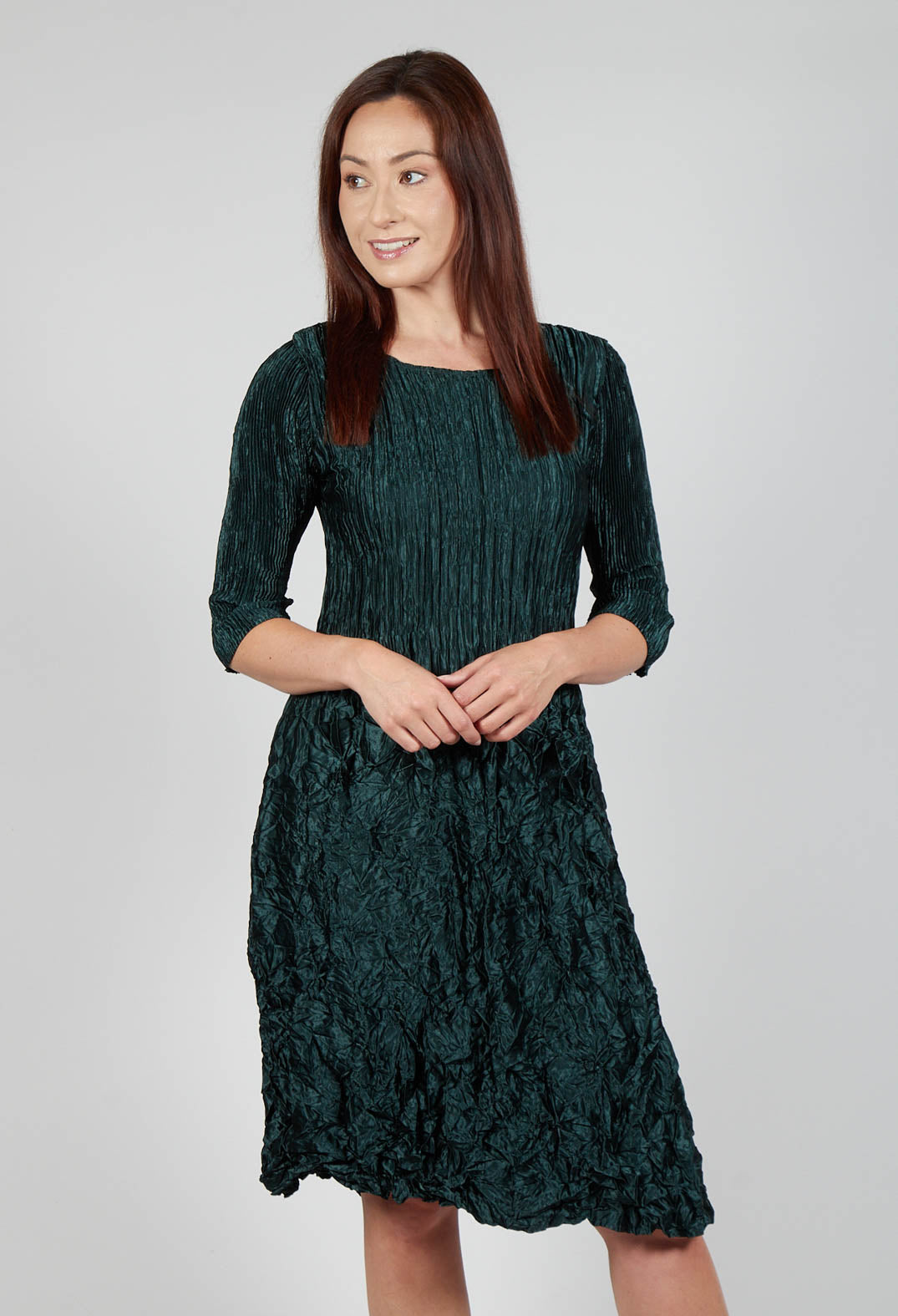 Three Quarter Sleeve Smash Dress in Metallic Forest