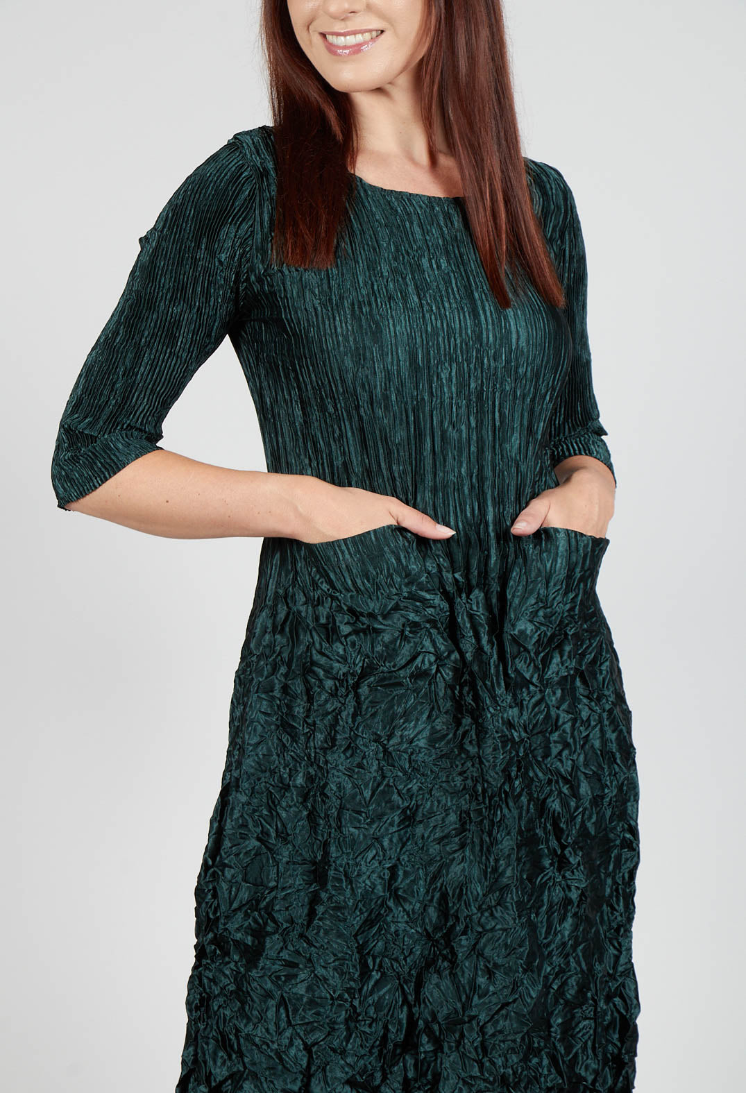Three Quarter Sleeve Smash Dress in Metallic Forest