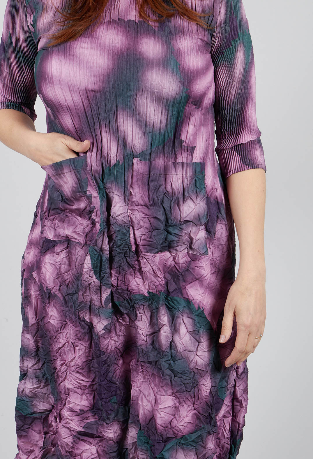 Three Quarter Sleeve Smash Dress in Purple Leaf