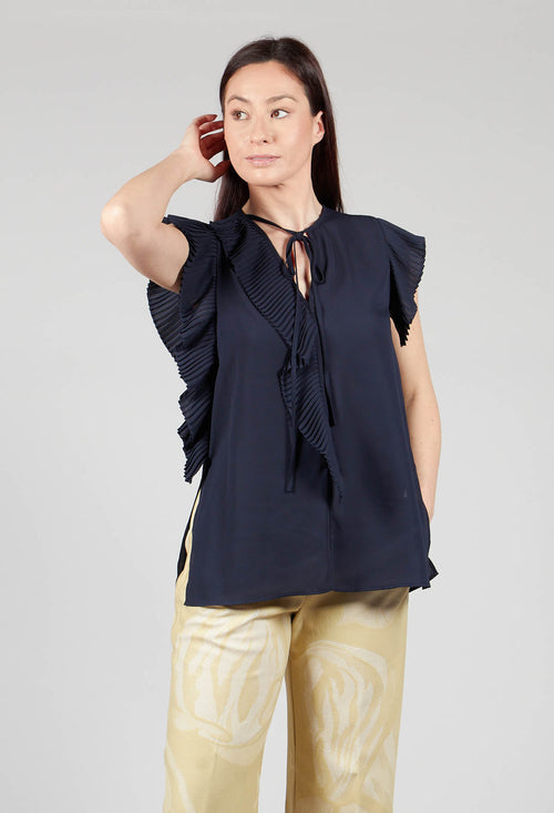 Top with Pleated Ruffles in Dark Blue
