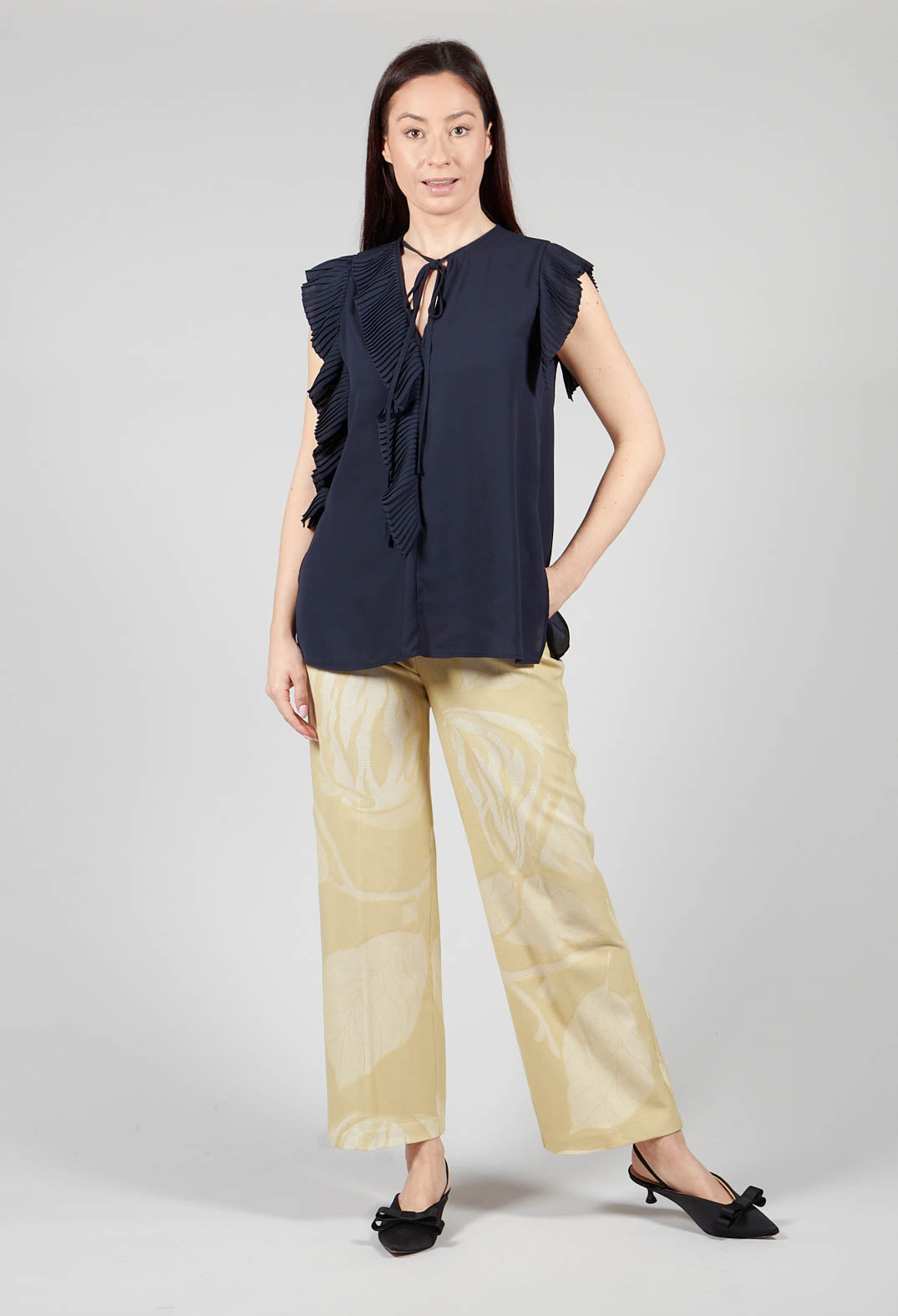 Top with Pleated Ruffles in Dark Blue