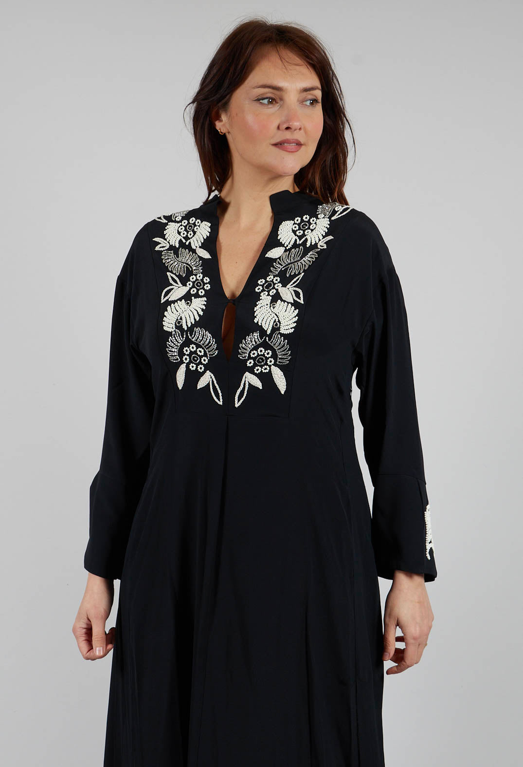 Torre Silk Crepe Dress with Embroidery in Black