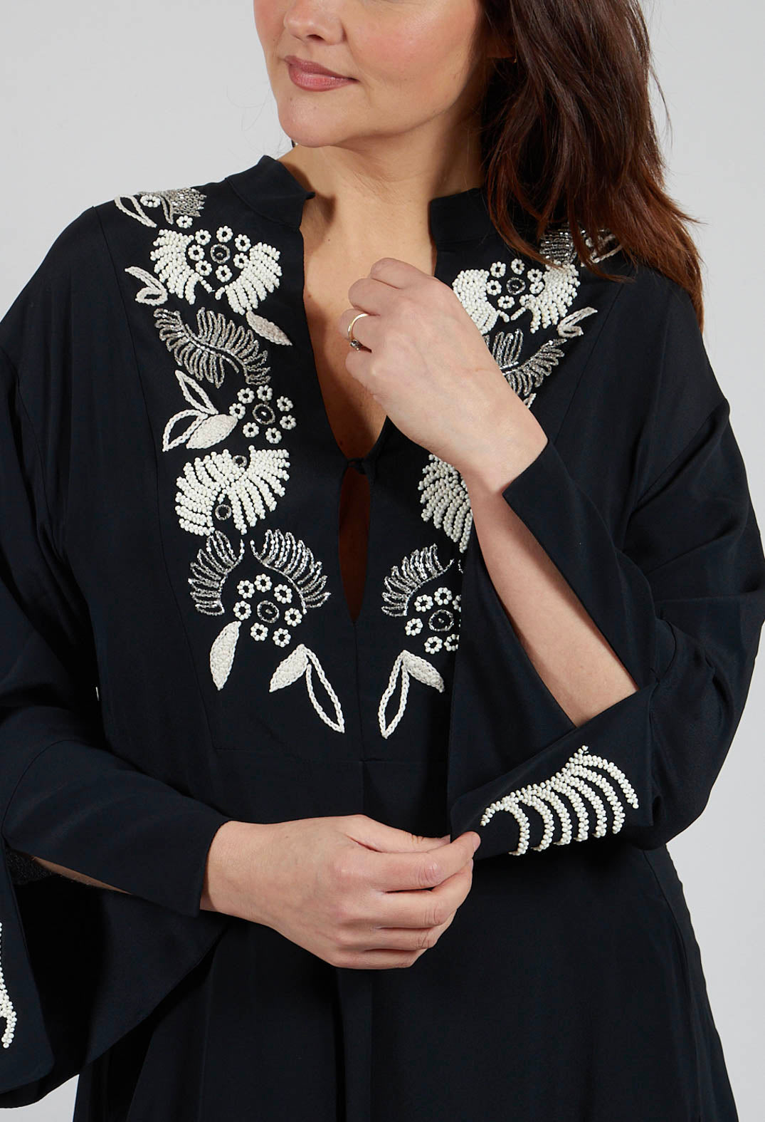 Torre Silk Crepe Dress with Embroidery in Black