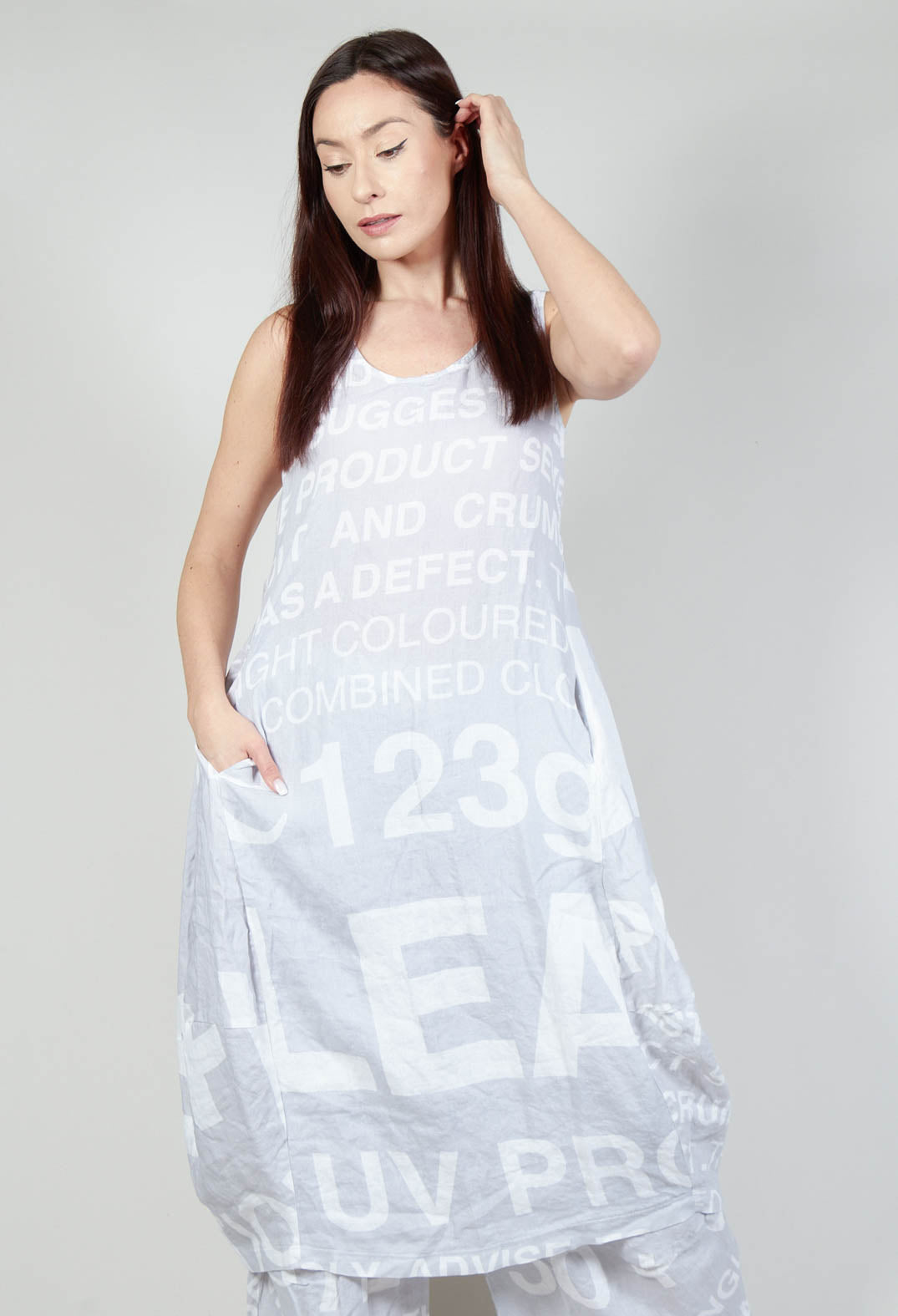 Tulip Hem Linen Dress with Large Lettering in Grey Print