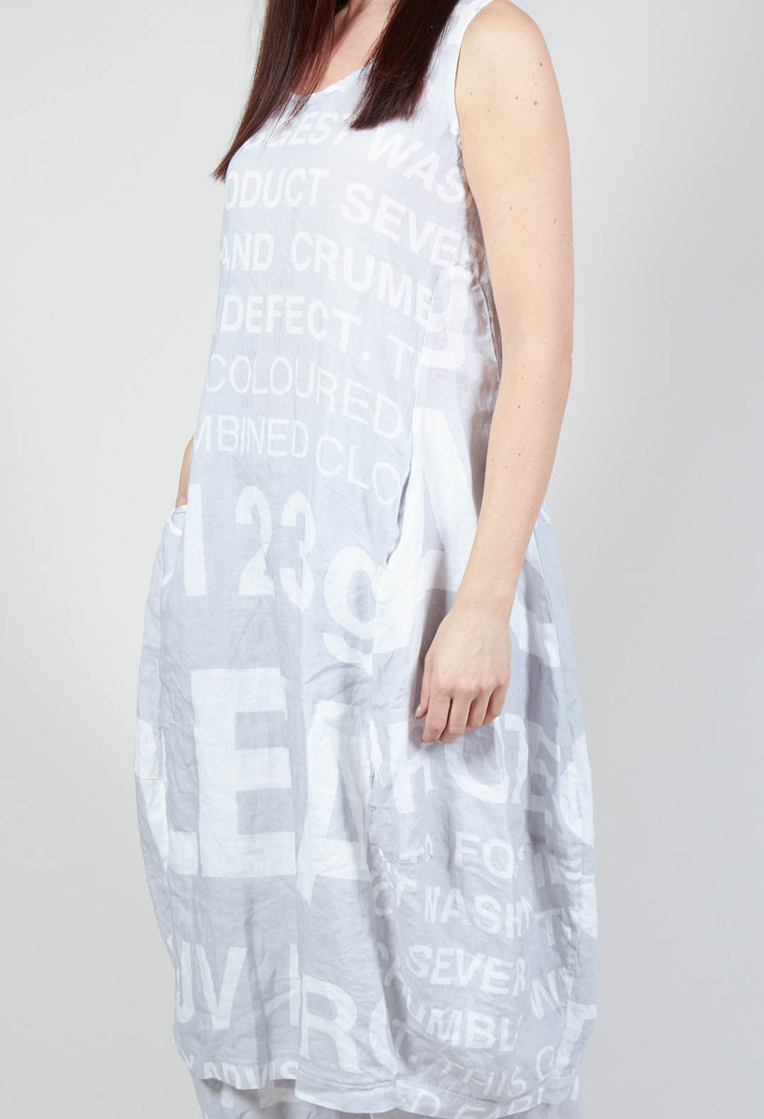 Tulip Hem Linen Dress with Large Lettering in Grey Print