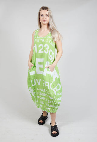 Tulip Hem Linen Dress with Large Lettering in Lime Print