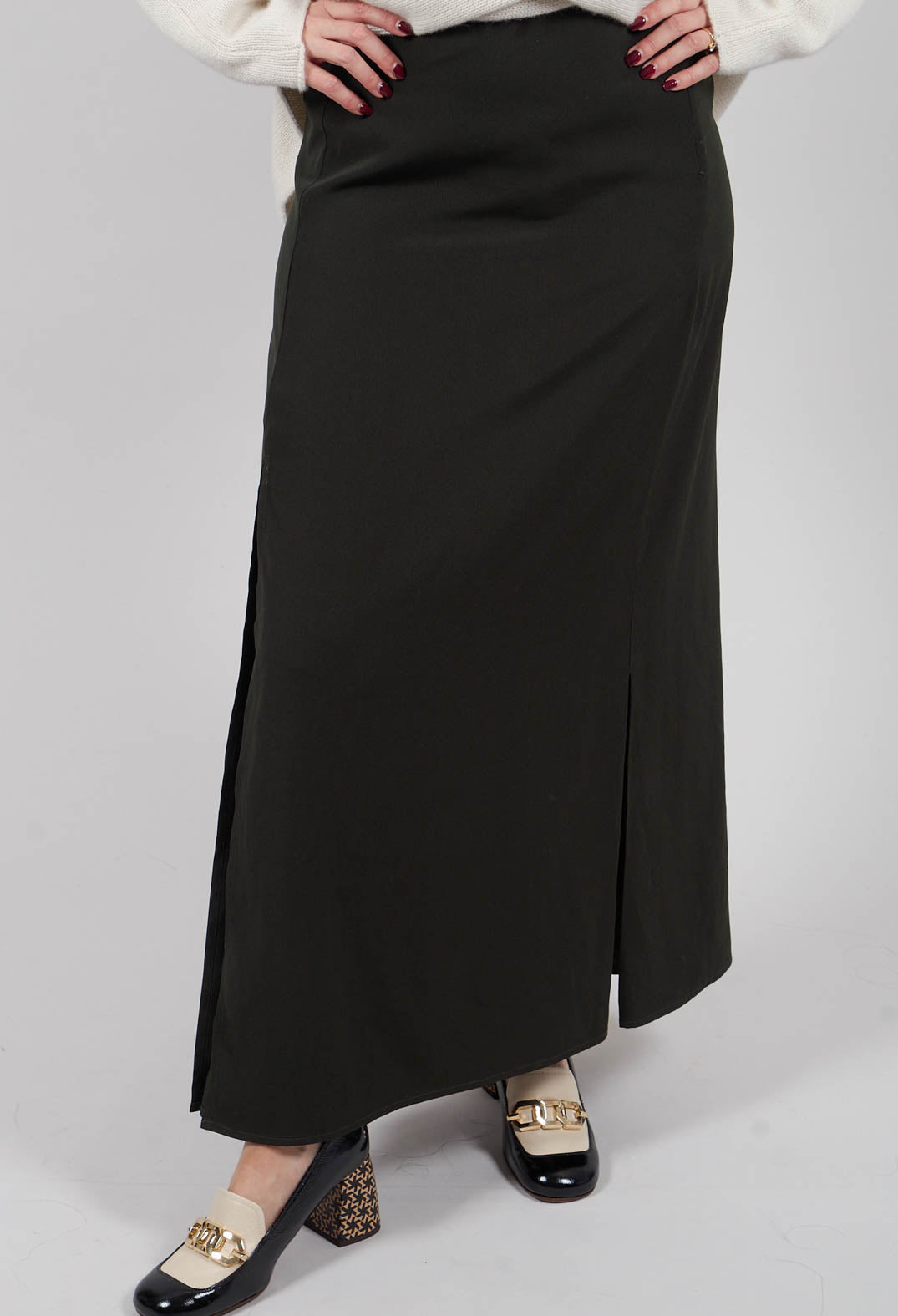 Long Length Skirt with Split in Moss Green