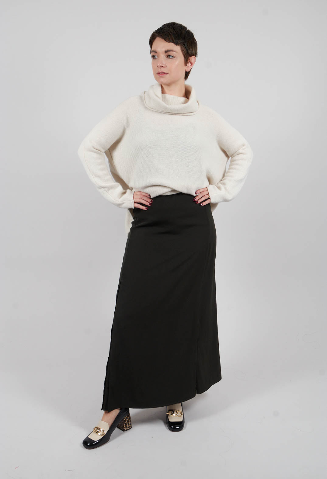 Long Length Skirt with Split in Moss Green