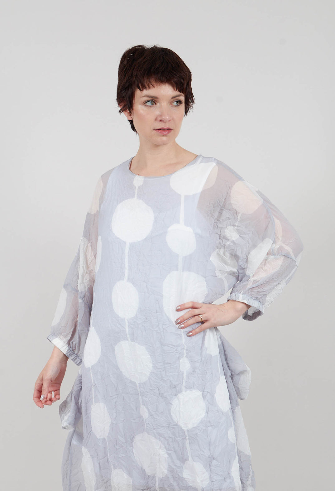 Sheer Dress with Slip and Elasticated Cuffs and Hem in Grey/Offwhite