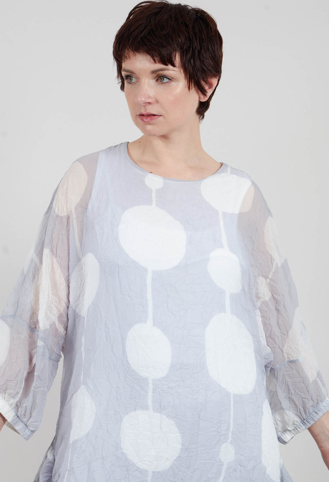 Sheer Dress with Slip and Elasticated Cuffs and Hem in Grey/Offwhite