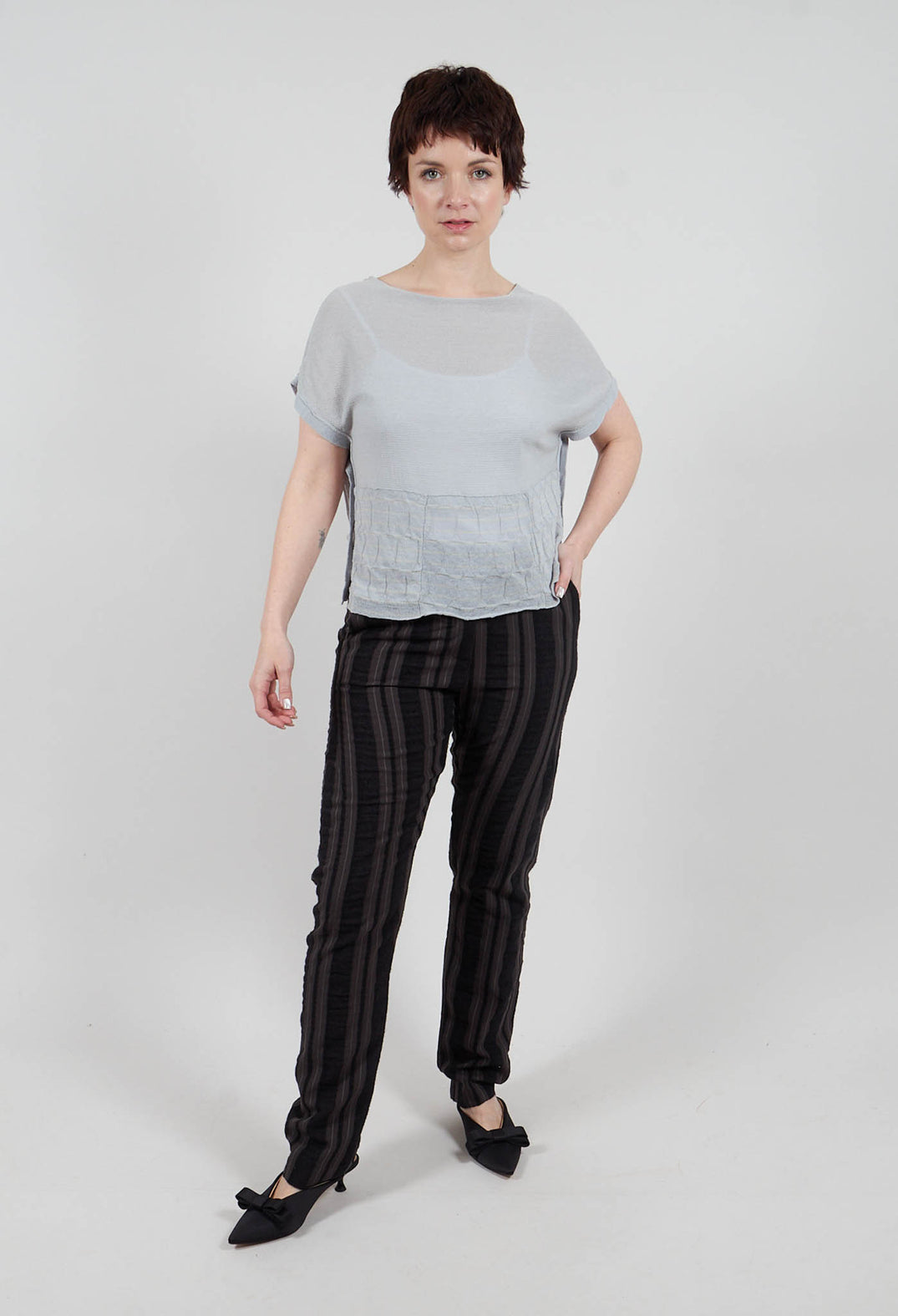 Grey Striped Cropped Sleeveless Jumper with Front Pockets