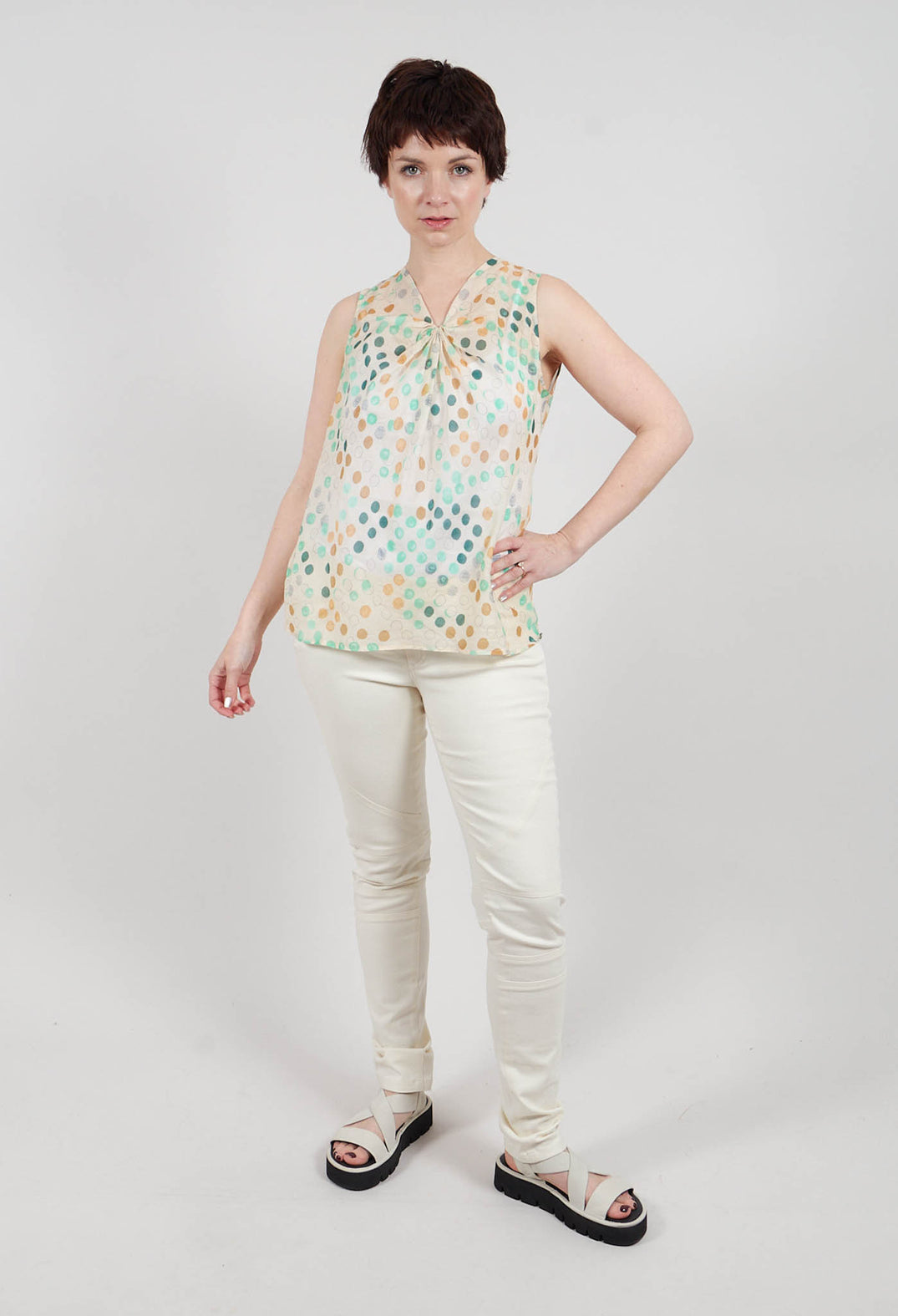 Cotton Sleeveless Top with Gathered Front with Cream and Green Spots