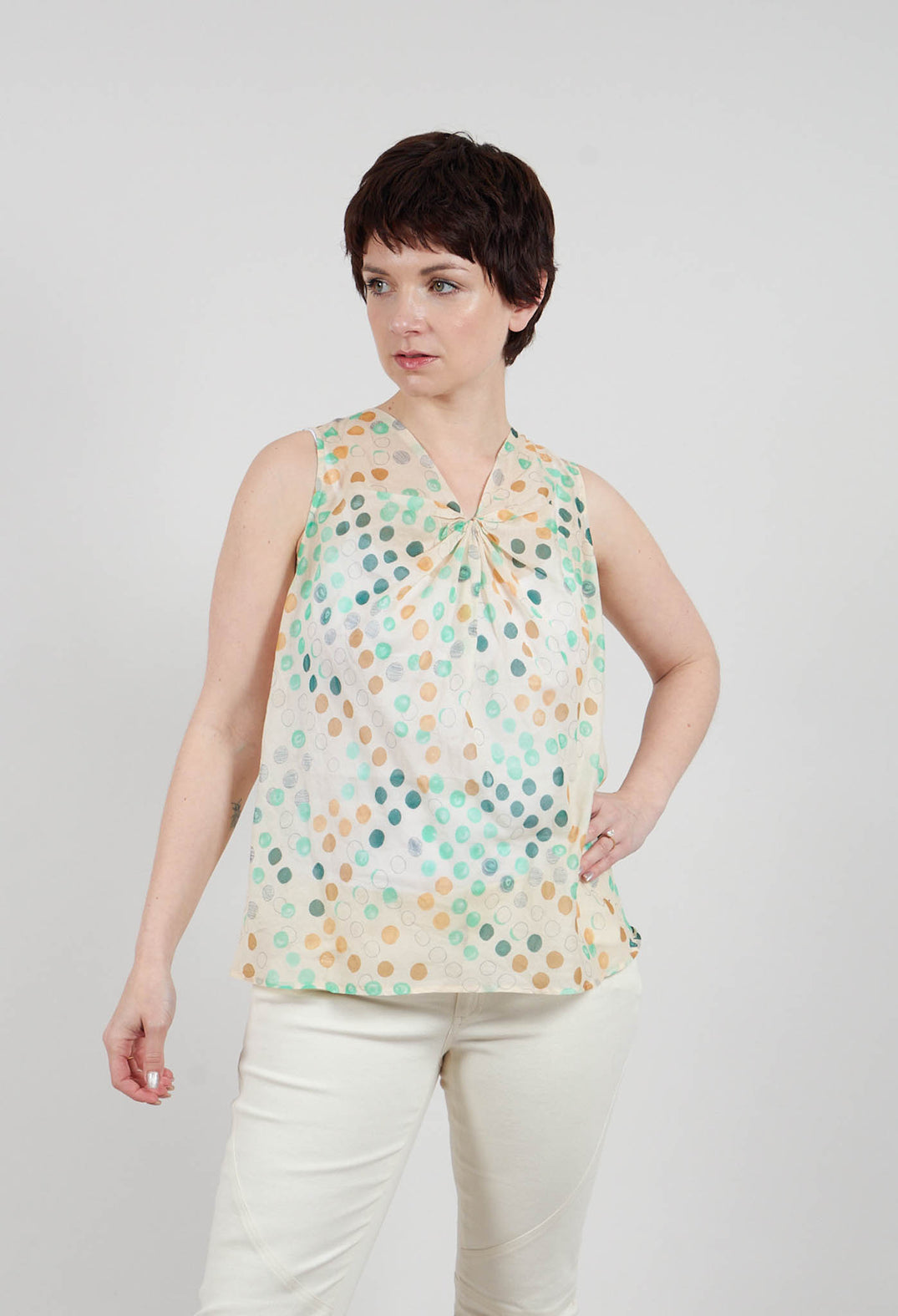 Cotton Sleeveless Top with Gathered Front with Cream and Green Spots