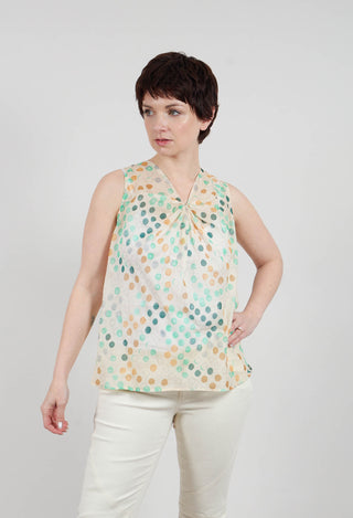 Cotton Sleeveless Top with Gathered Front with Cream and Green Spots