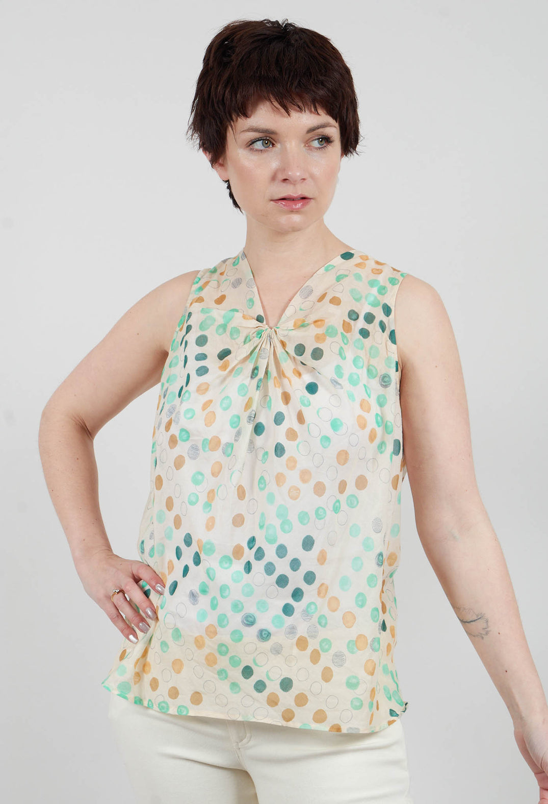 Cotton Sleeveless Top with Gathered Front with Cream and Green Spots