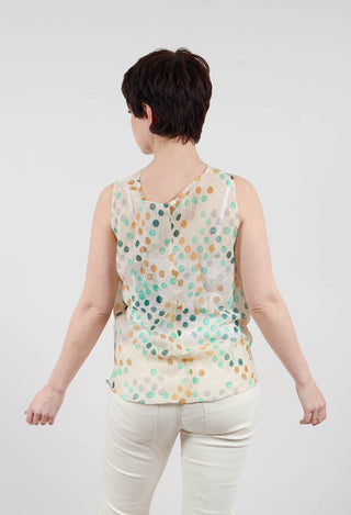 Cotton Sleeveless Top with Gathered Front with Cream and Green Spots