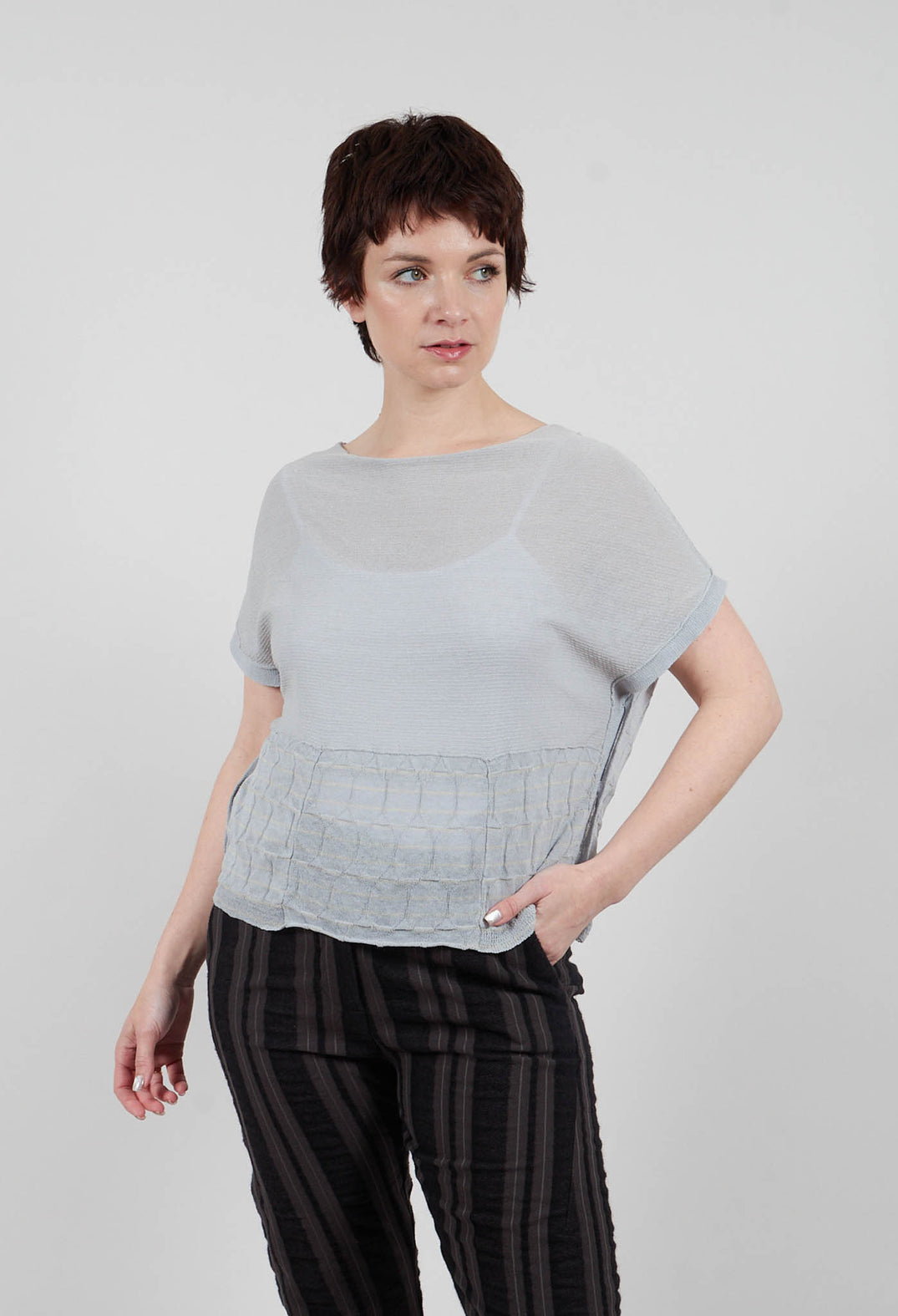 Grey Striped Cropped Sleeveless Jumper with Front Pockets