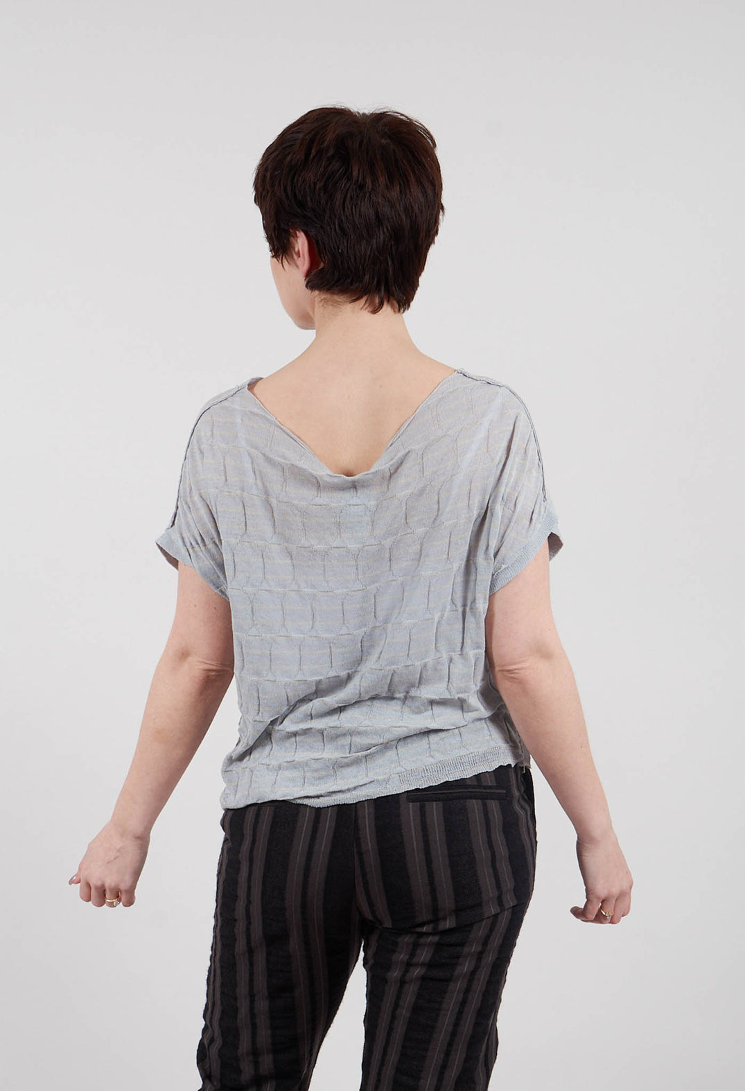 Grey Striped Cropped Sleeveless Jumper with Front Pockets