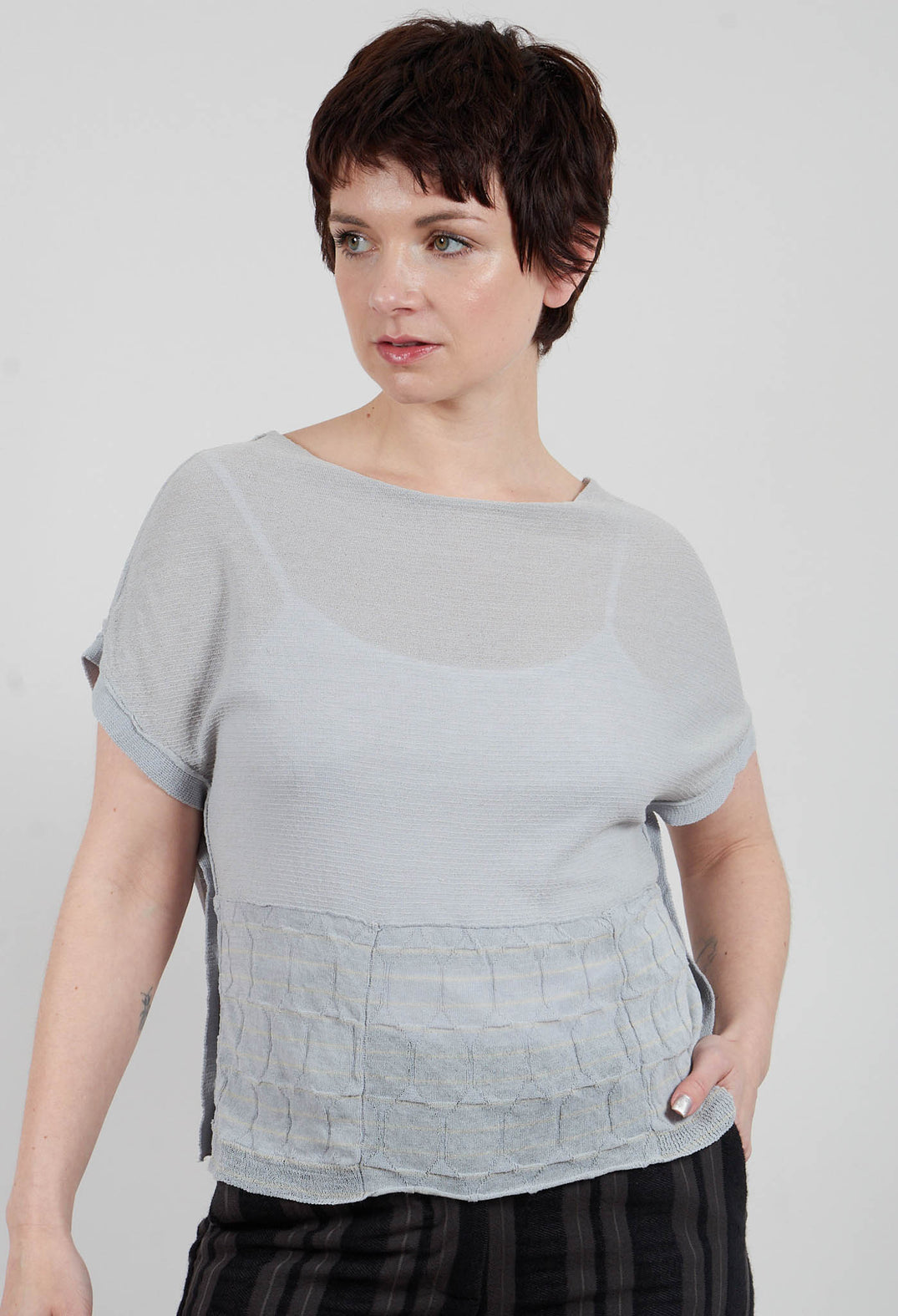 Grey Striped Cropped Sleeveless Jumper with Front Pockets