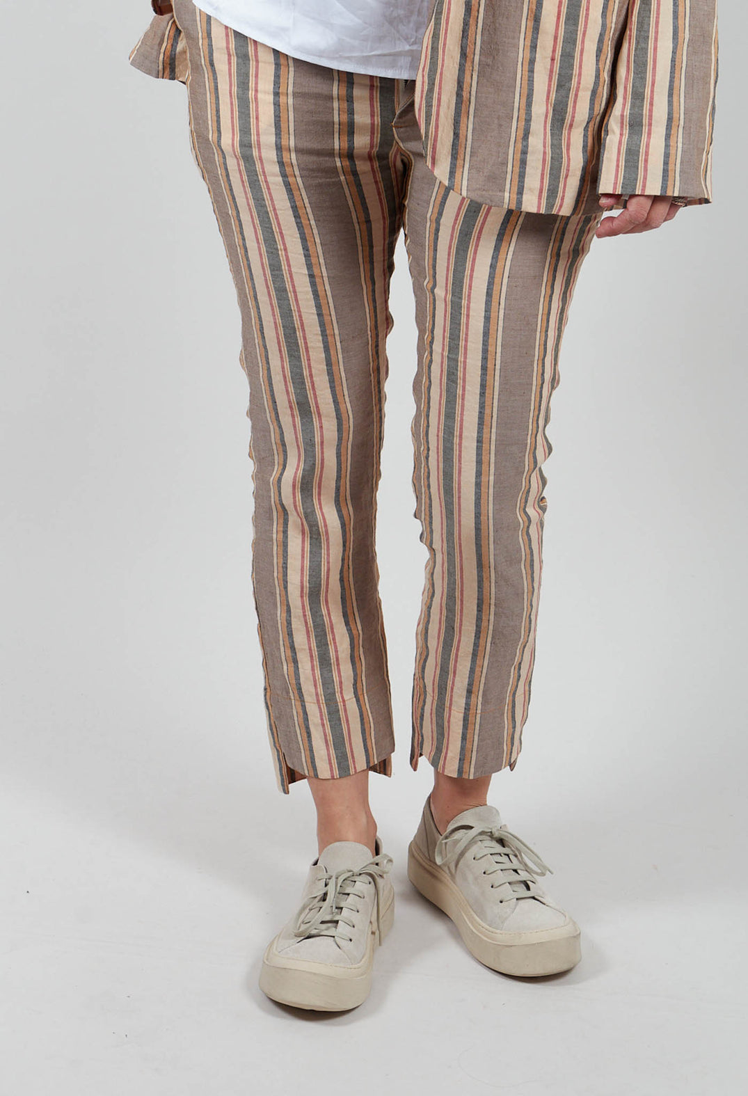 Straight Leg Trousers with High Low Hem in Stripe