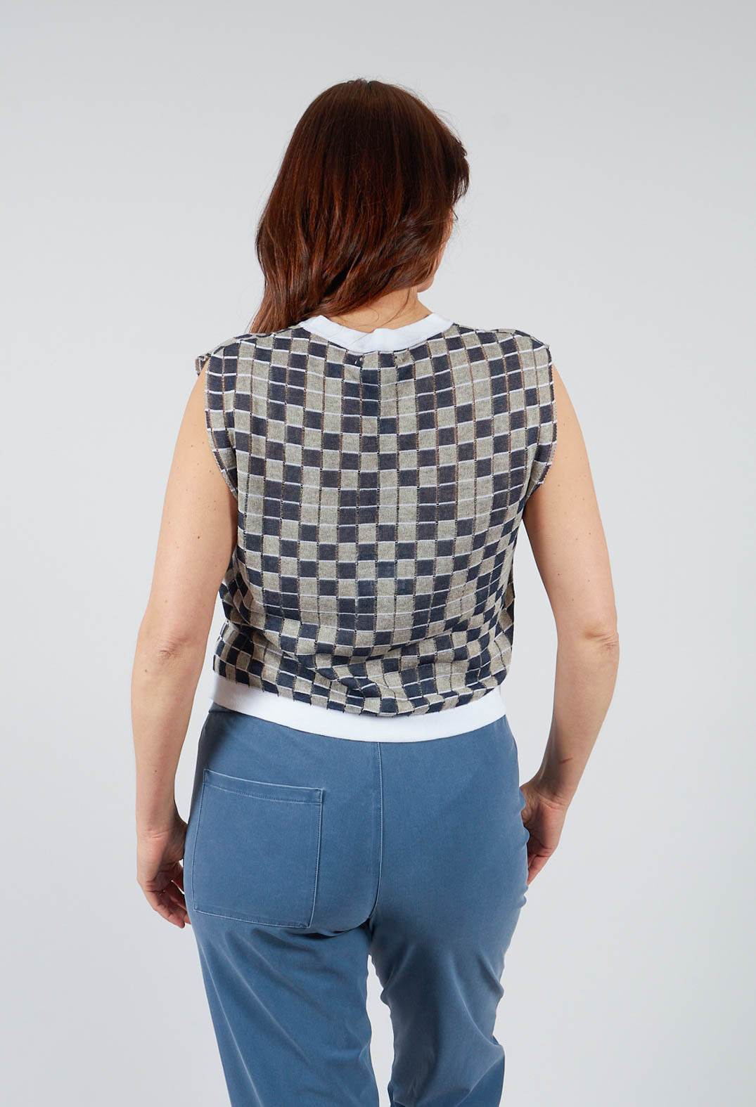 V Neck Check Vest in Deep Blue